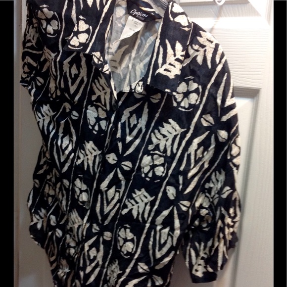 Rayon BATIK print camp shirt in cream on black. - Picture 1 of 1